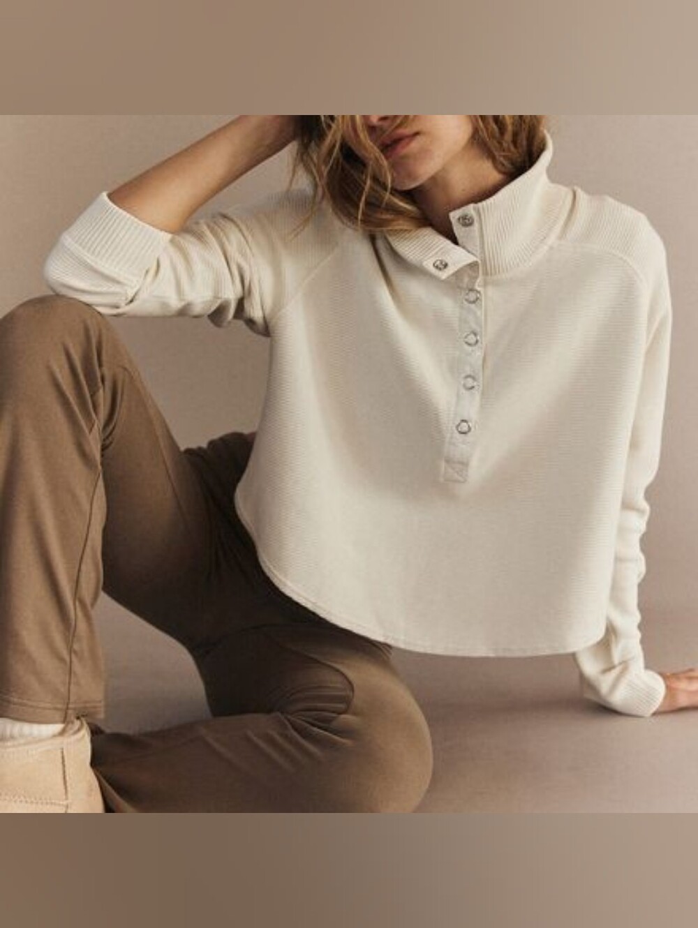 FP Movement by Free People Cream Cropped Cowl Button Pullover